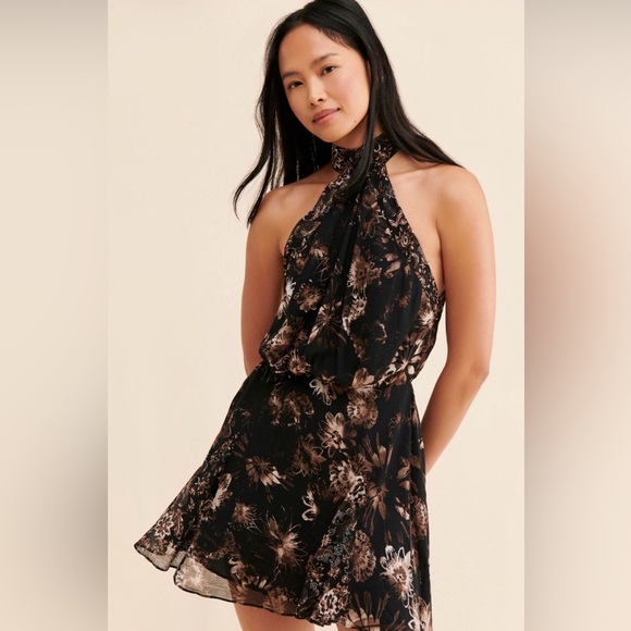 Free People Dresses & Skirts - Free People Black/Brown Floral Halter Mini Dress with Brown Print
